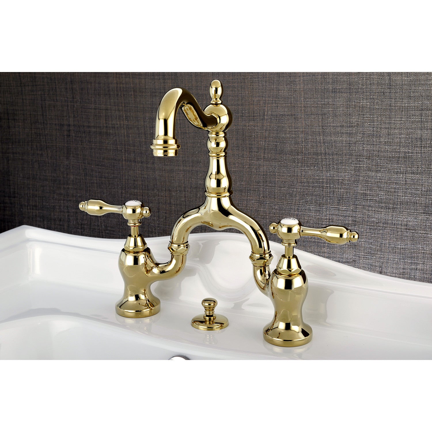 Kingston Heirloom KS7972TAL - Tudor Two-Handle 3-Hole Deck Mount Bridge Bathroom Faucet with Brass Pop-Up, Polished Brass — thumbnail 2